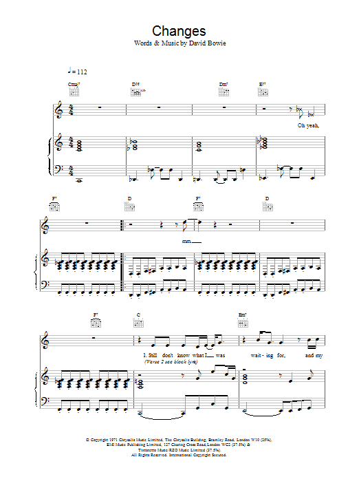 David Bowie Changes sheet music notes and chords arranged for Piano, Vocal & Guitar Chords (Right-Hand Melody)