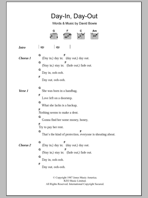 David Bowie Day-In Day-Out sheet music notes and chords arranged for Guitar Chords/Lyrics