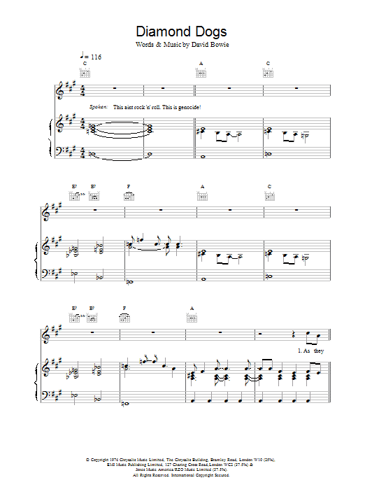 David Bowie Diamond Dogs sheet music notes and chords arranged for Piano, Vocal & Guitar Chords