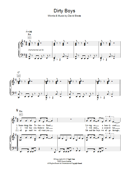 David Bowie Dirty Boys sheet music notes and chords arranged for Piano, Vocal & Guitar Chords