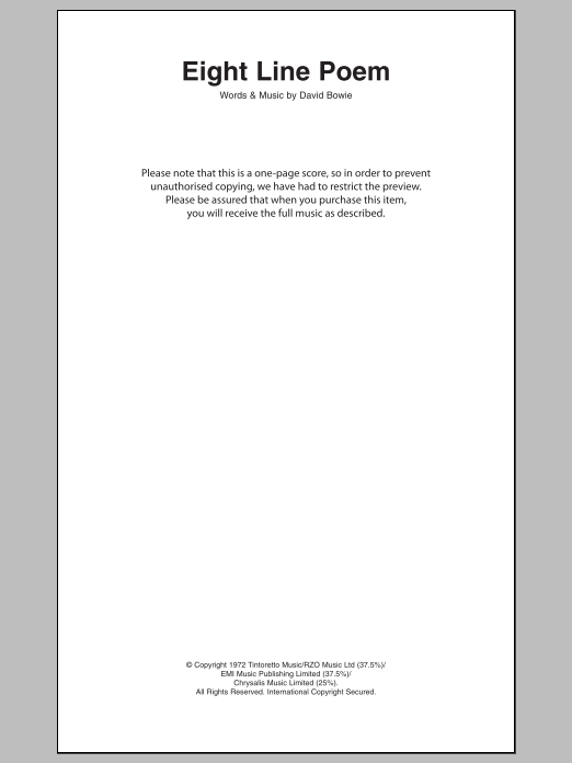 David Bowie Eight Line Poem sheet music notes and chords arranged for Guitar Chords/Lyrics