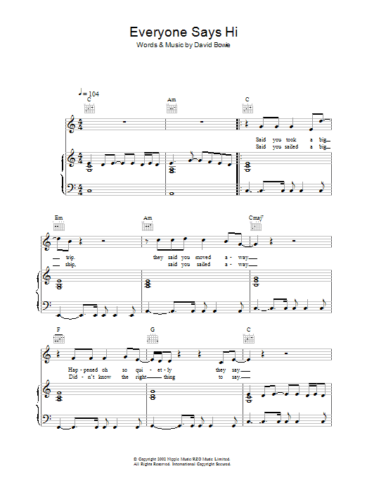 David Bowie Everyone Says Hi sheet music notes and chords arranged for Piano, Vocal & Guitar Chords