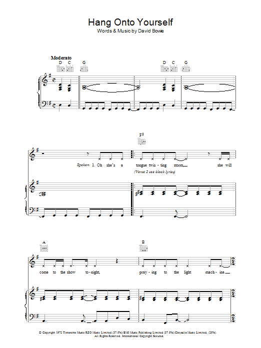 David Bowie Hang Onto Yourself sheet music notes and chords arranged for Piano, Vocal & Guitar Chords