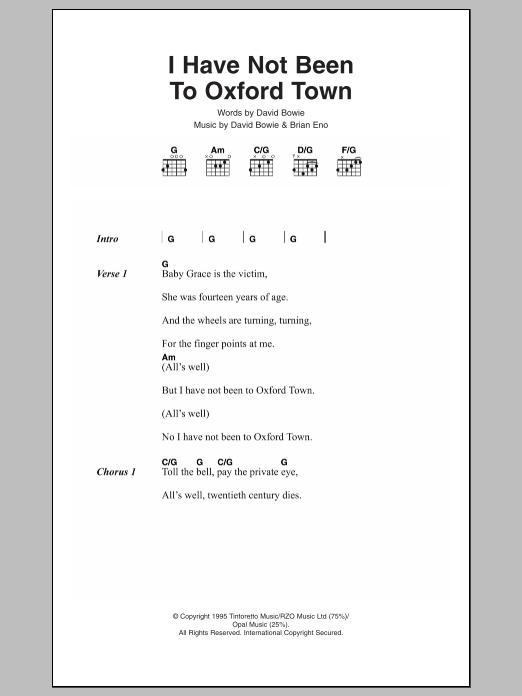 David Bowie I Have Not Been To Oxford Town sheet music notes and chords arranged for Guitar Chords/Lyrics