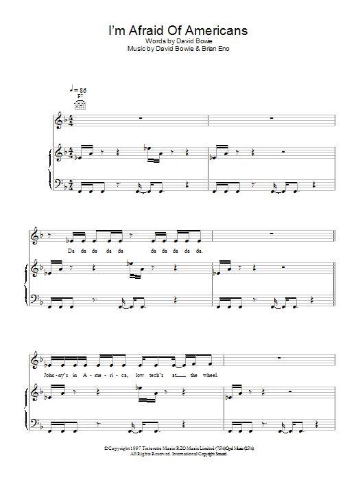David Bowie I'm Afraid Of Americans sheet music notes and chords arranged for Piano, Vocal & Guitar Chords