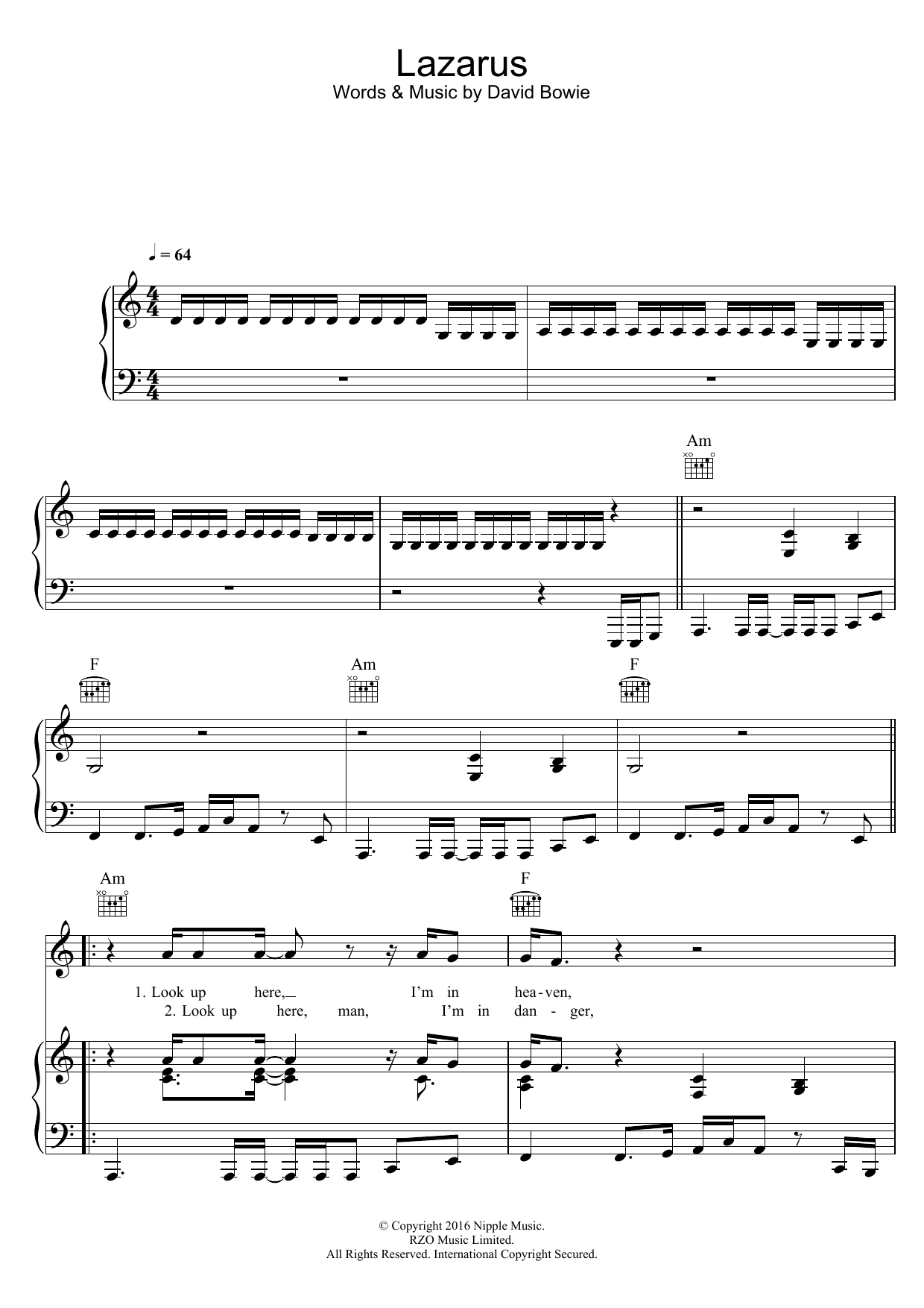 David Bowie Lazarus sheet music notes and chords arranged for Piano, Vocal & Guitar Chords
