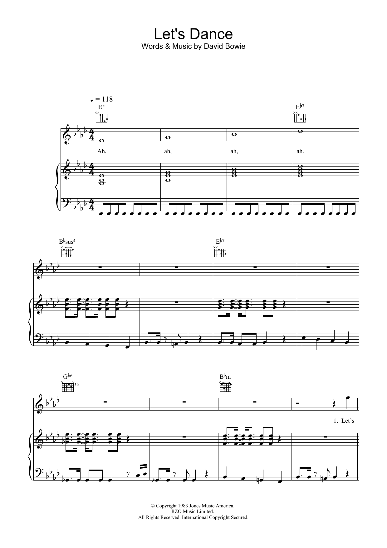 David Bowie Let's Dance sheet music notes and chords arranged for Piano, Vocal & Guitar Chords