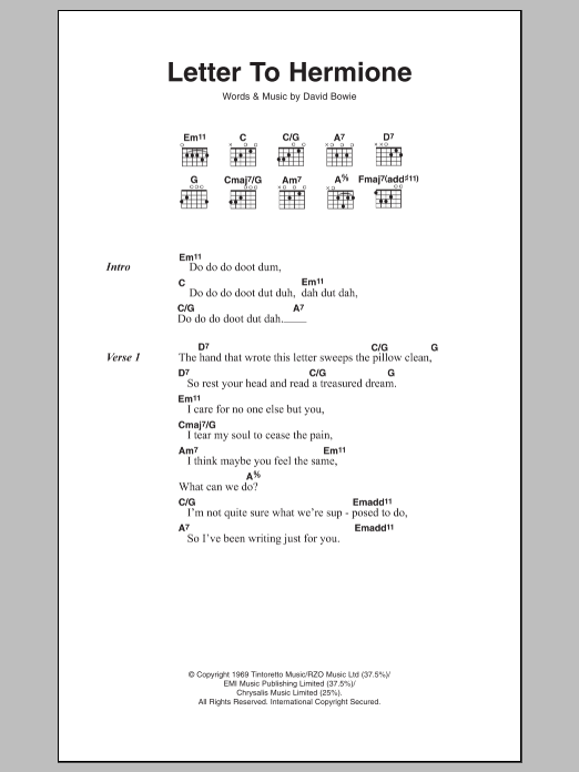 David Bowie Letter To Hermione sheet music notes and chords arranged for Guitar Chords/Lyrics