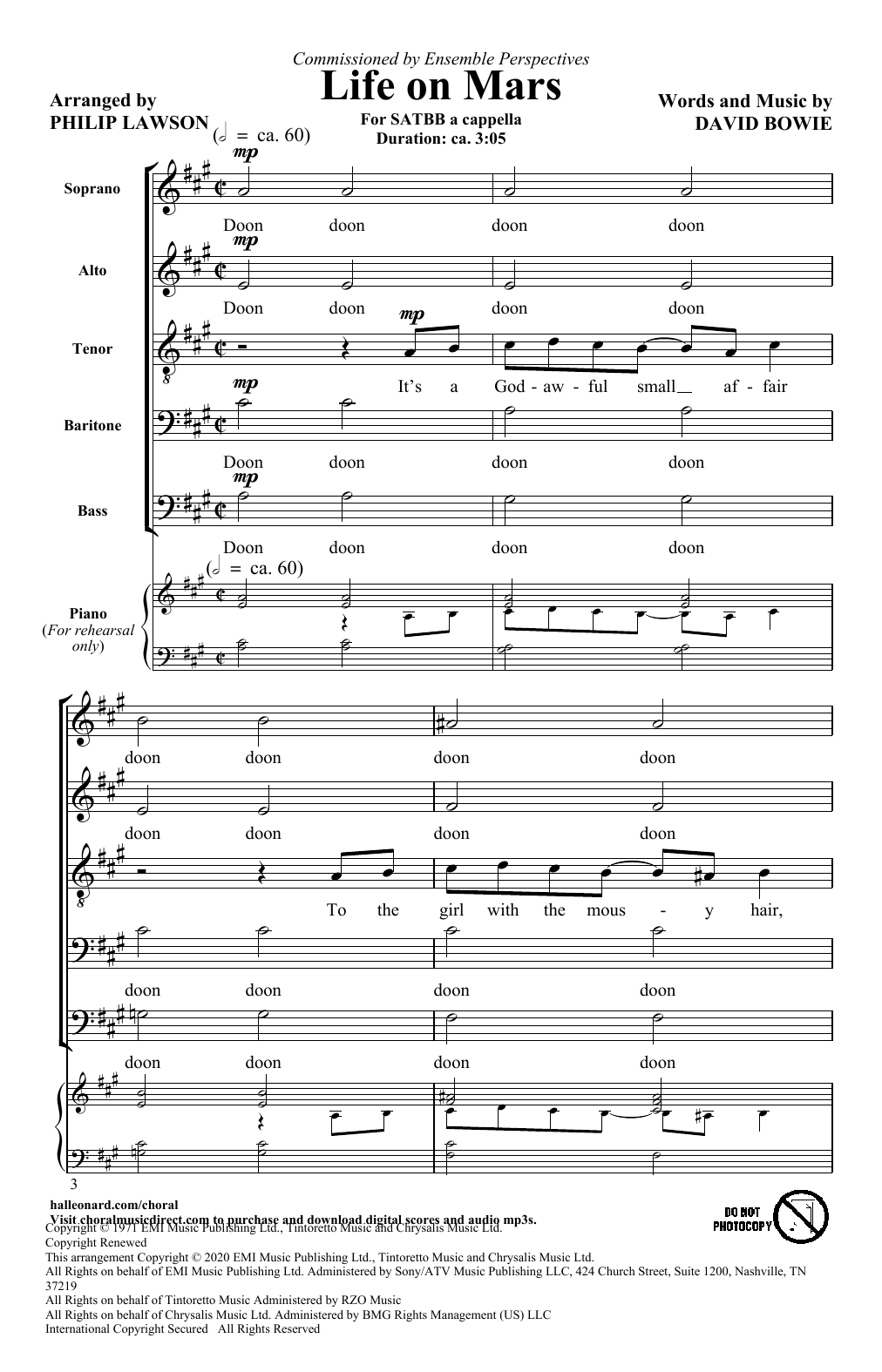 David Bowie Life On Mars (arr. Philip Lawson) sheet music notes and chords arranged for SATB Choir