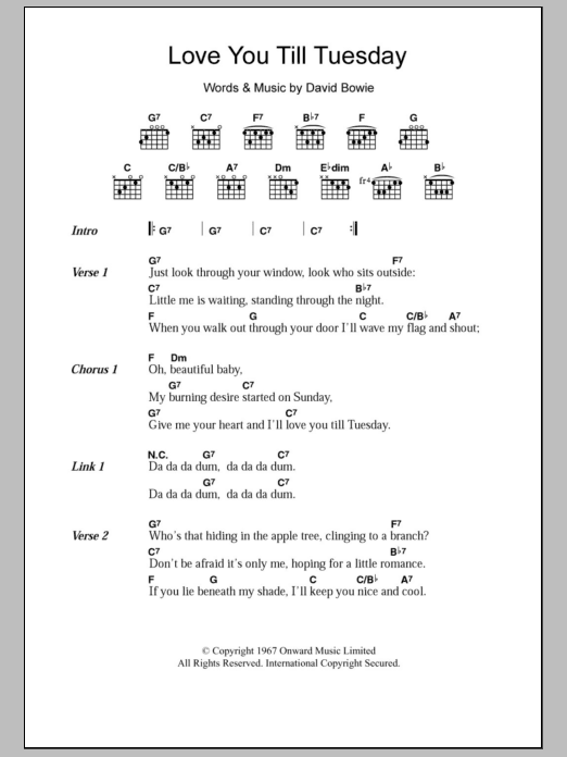 David Bowie Love You Till Tuesday sheet music notes and chords arranged for Guitar Chords/Lyrics