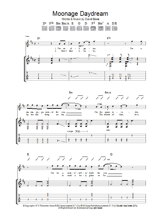David Bowie Moonage Daydream sheet music notes and chords arranged for Piano, Vocal & Guitar Chords (Right-Hand Melody)