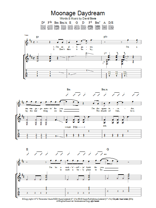 David Bowie Moonage Daydream sheet music notes and chords arranged for Guitar Tab