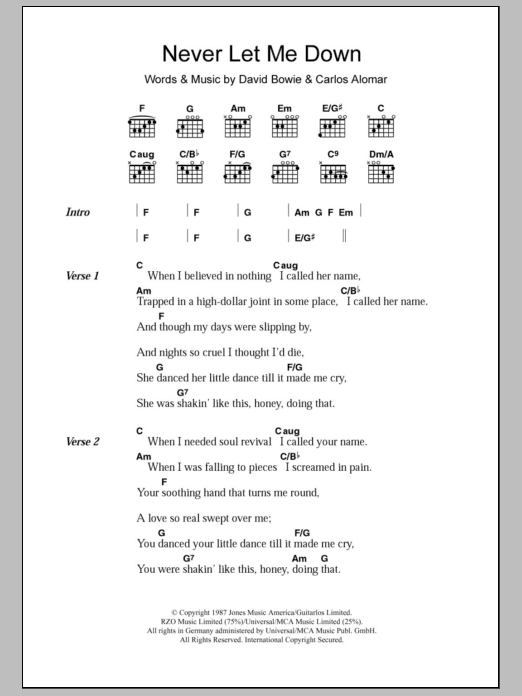 David Bowie Never Let Me Down sheet music notes and chords arranged for Guitar Chords/Lyrics