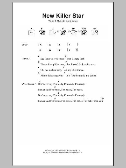 David Bowie New Killer Star sheet music notes and chords arranged for Guitar Chords/Lyrics