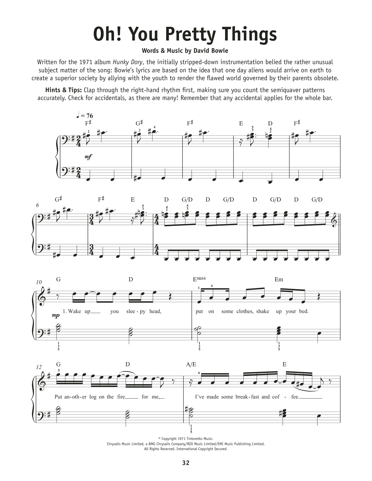 David Bowie Oh You Pretty Things sheet music notes and chords arranged for Really Easy Piano