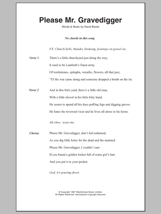 David Bowie Please Mr. Gravedigger sheet music notes and chords arranged for Guitar Chords/Lyrics