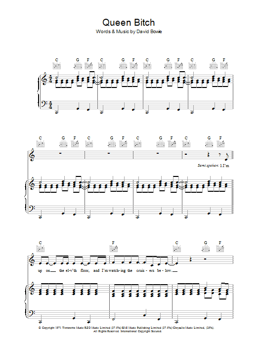 David Bowie Queen Bitch sheet music notes and chords arranged for Guitar Chords/Lyrics