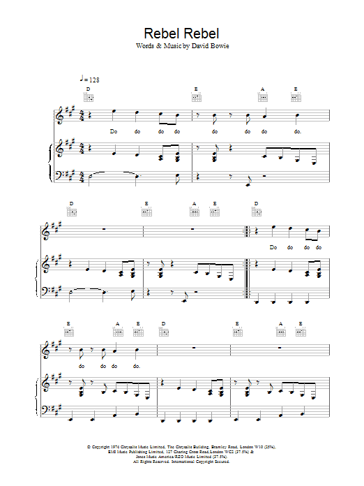 David Bowie Rebel Rebel sheet music notes and chords arranged for Piano, Vocal & Guitar Chords