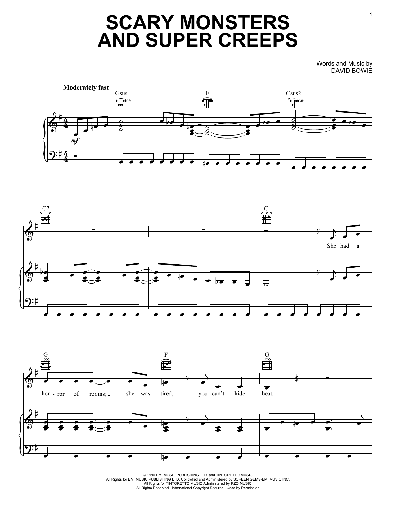 David Bowie Scary Monsters And Super Creeps sheet music notes and chords arranged for Piano, Vocal & Guitar Chords (Right-Hand Melody)