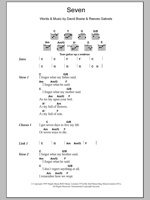David Bowie Seven sheet music notes and chords arranged for Guitar Chords/Lyrics
