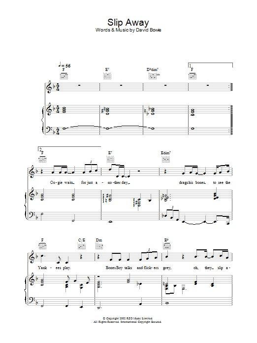 David Bowie Slip Away sheet music notes and chords arranged for Piano, Vocal & Guitar Chords