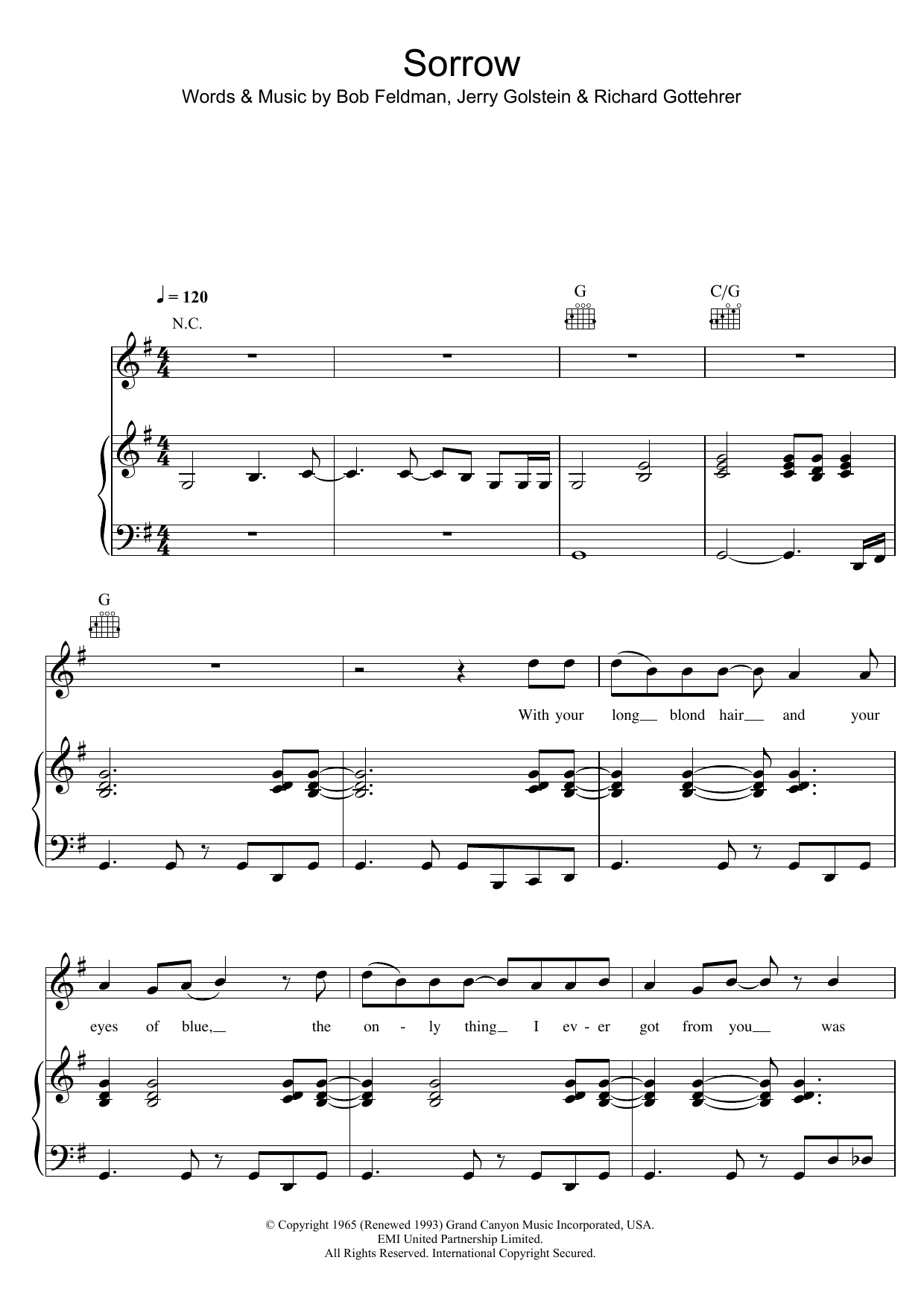 David Bowie Sorrow sheet music notes and chords arranged for Piano, Vocal & Guitar Chords