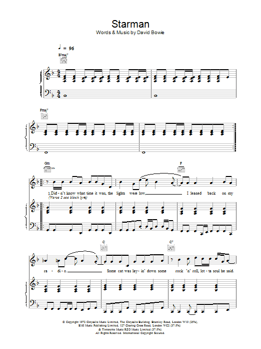 David Bowie Starman sheet music notes and chords arranged for Easy Piano