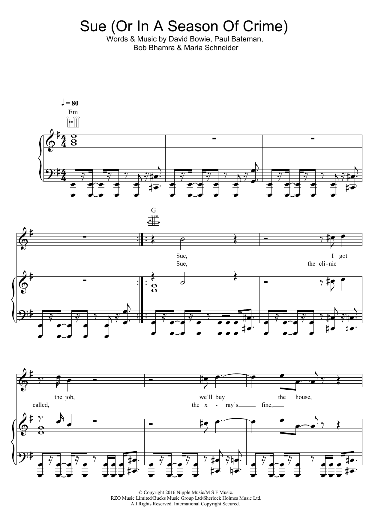 David Bowie Sue (Or In A Season Of Crime) sheet music notes and chords arranged for Piano, Vocal & Guitar Chords