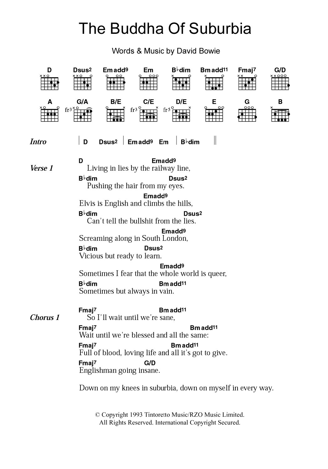 David Bowie The Buddha Of Suburbia sheet music notes and chords arranged for Guitar Chords/Lyrics