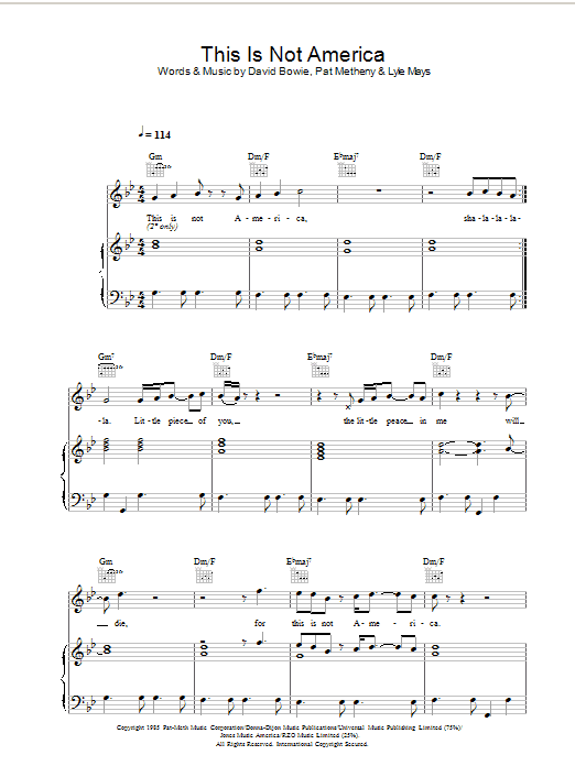 David Bowie This Is Not America sheet music notes and chords arranged for Piano, Vocal & Guitar Chords
