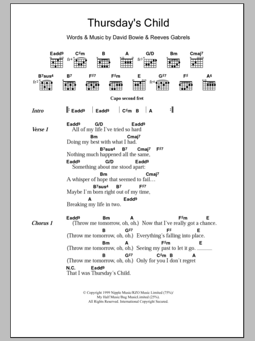 David Bowie Thursday's Child sheet music notes and chords arranged for Guitar Chords/Lyrics