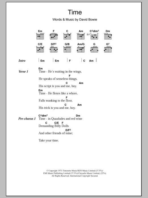 David Bowie Time sheet music notes and chords arranged for Guitar Chords/Lyrics