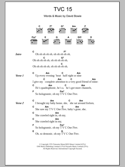 David Bowie TVC 15 sheet music notes and chords arranged for Guitar Chords/Lyrics