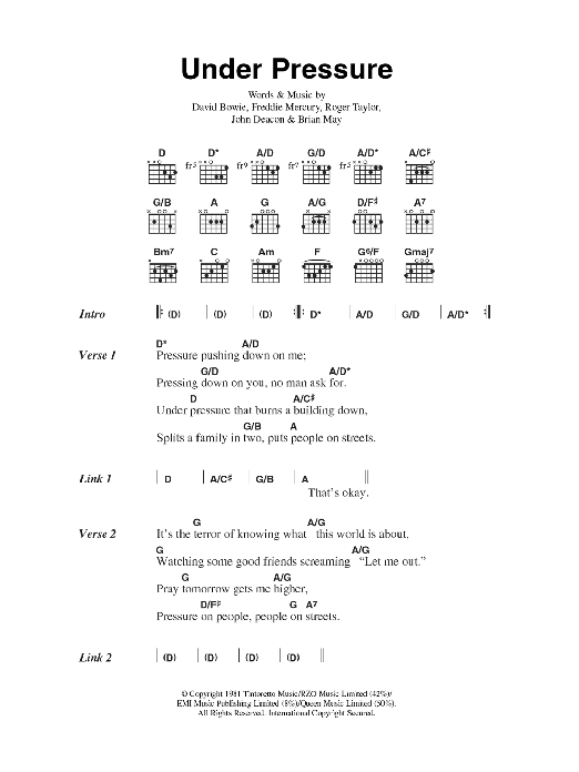 David Bowie Under Pressure sheet music notes and chords arranged for Guitar Chords/Lyrics