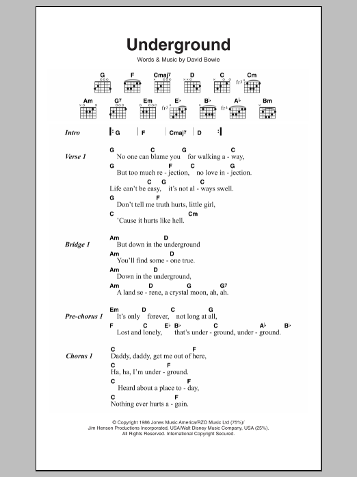 David Bowie Underground sheet music notes and chords arranged for Guitar Chords/Lyrics
