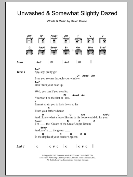 David Bowie Unwashed And Somewhat Slightly Dazed sheet music notes and chords arranged for Guitar Chords/Lyrics