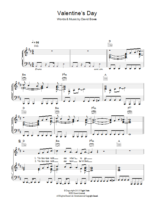 David Bowie Valentine's Day sheet music notes and chords arranged for Piano, Vocal & Guitar Chords