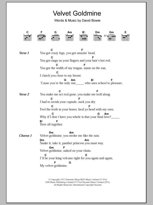 David Bowie Velvet Goldmine sheet music notes and chords arranged for Piano, Vocal & Guitar Chords