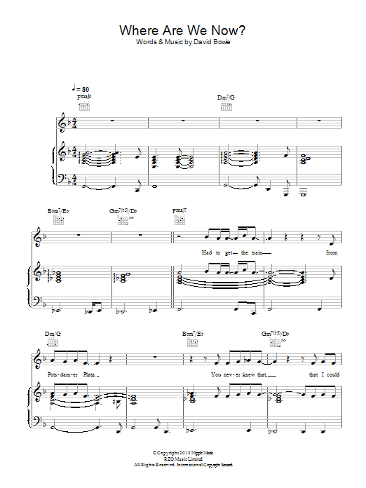 David Bowie Where Are We Now sheet music notes and chords arranged for Piano, Vocal & Guitar Chords