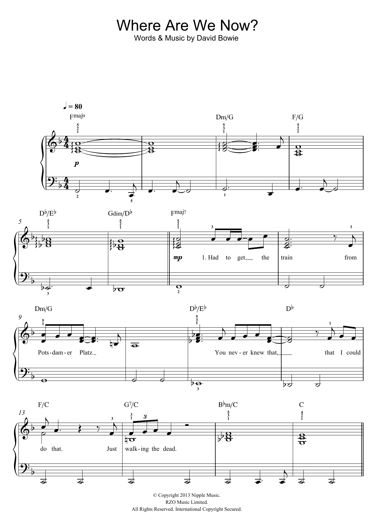 David Bowie Where Are We Now? sheet music notes and chords arranged for Piano, Vocal & Guitar Chords