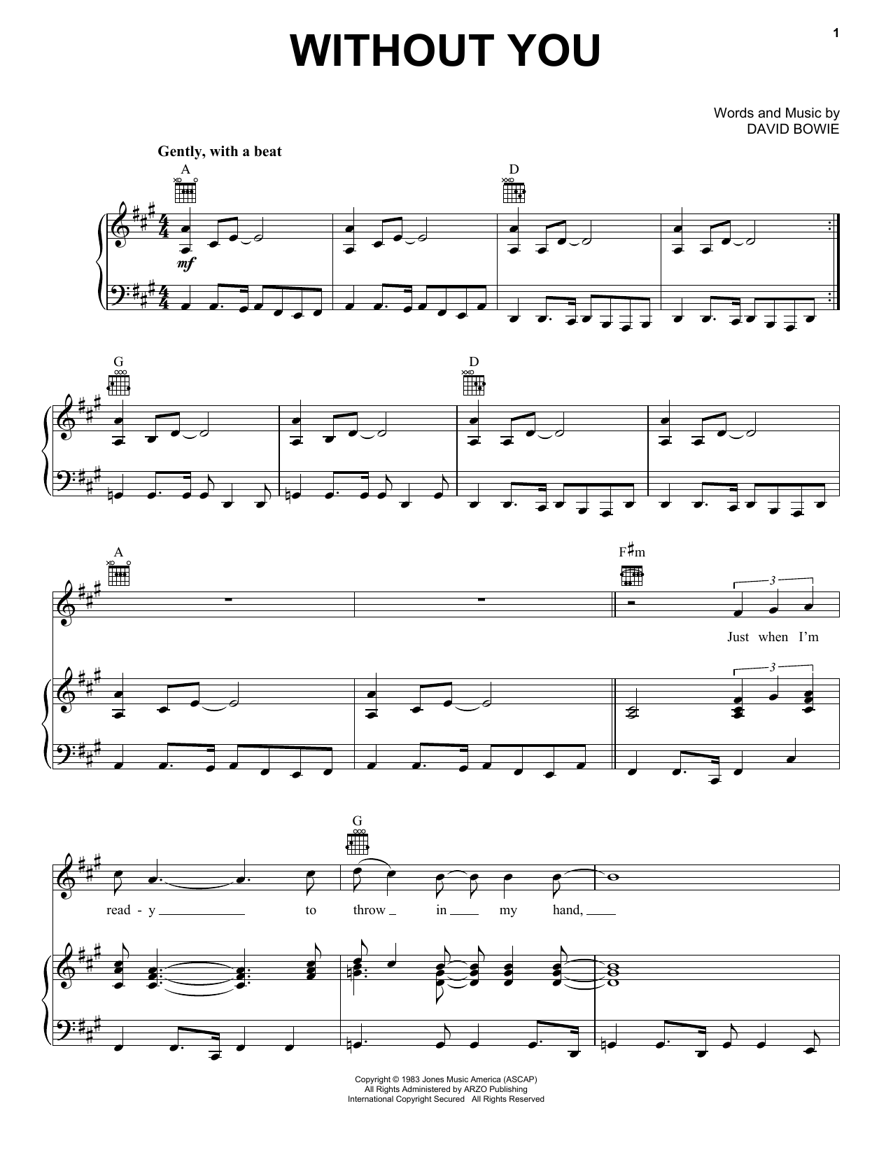 David Bowie Without You sheet music notes and chords arranged for Piano, Vocal & Guitar Chords (Right-Hand Melody)