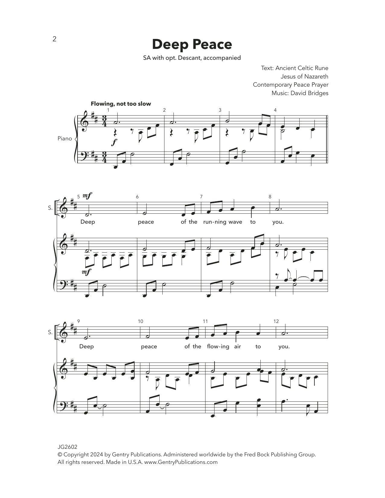 David Bridges Deep Peace sheet music notes and chords arranged for Choir