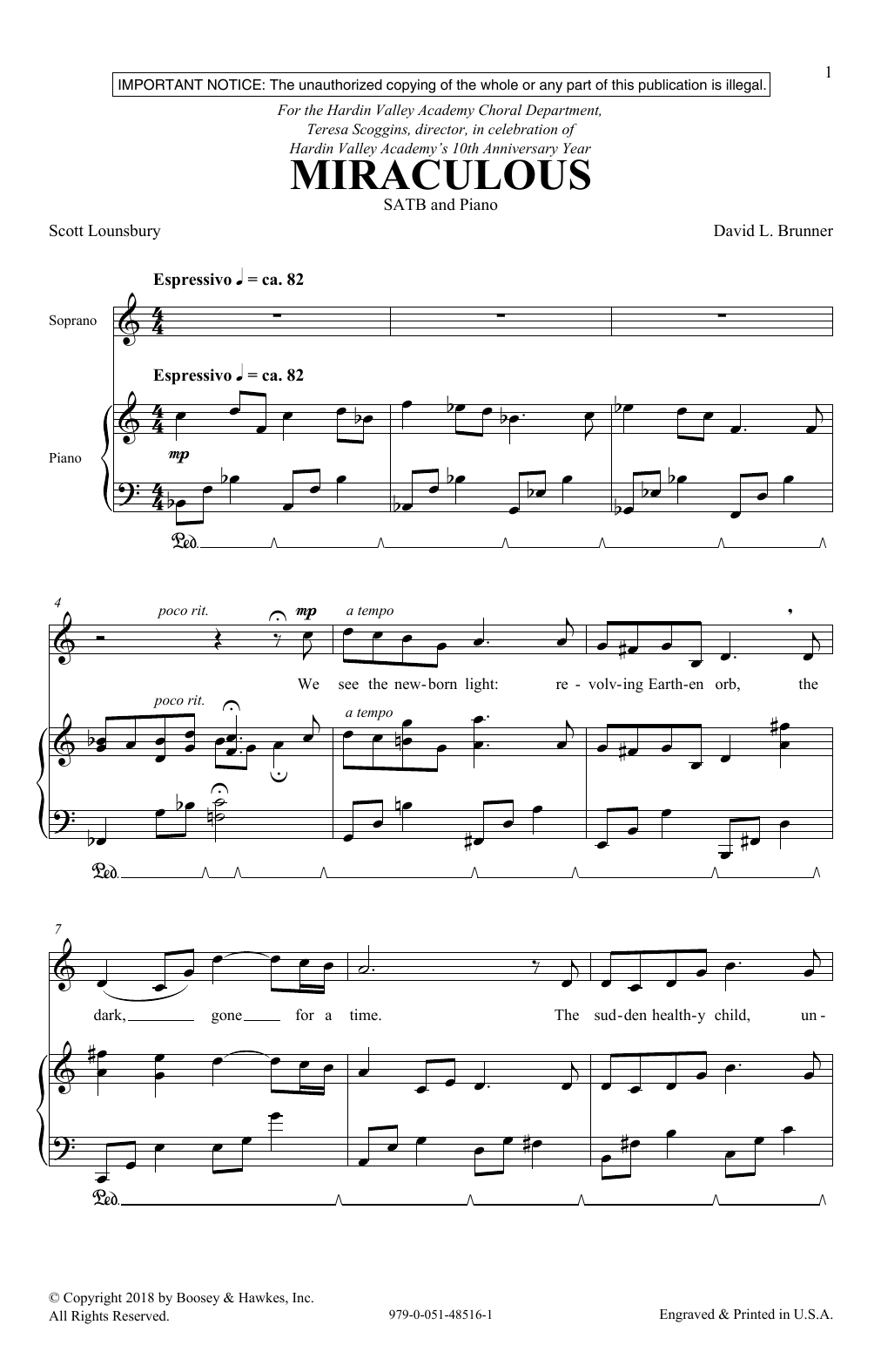 David Brunner & Scott Lounsbury Miraculous sheet music notes and chords arranged for SATB Choir