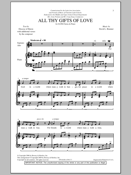 David Brunner All Thy Gifts Of Love sheet music notes and chords arranged for SATB Choir