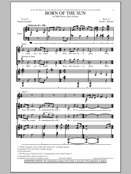 David Brunner Born Of The Sun sheet music notes and chords arranged for TBB Choir