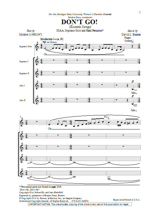 David Brunner Don't Go sheet music notes and chords arranged for SSA Choir