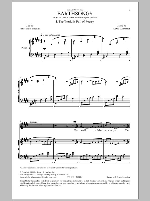 David Brunner Earthsongs sheet music notes and chords arranged for SATB Choir