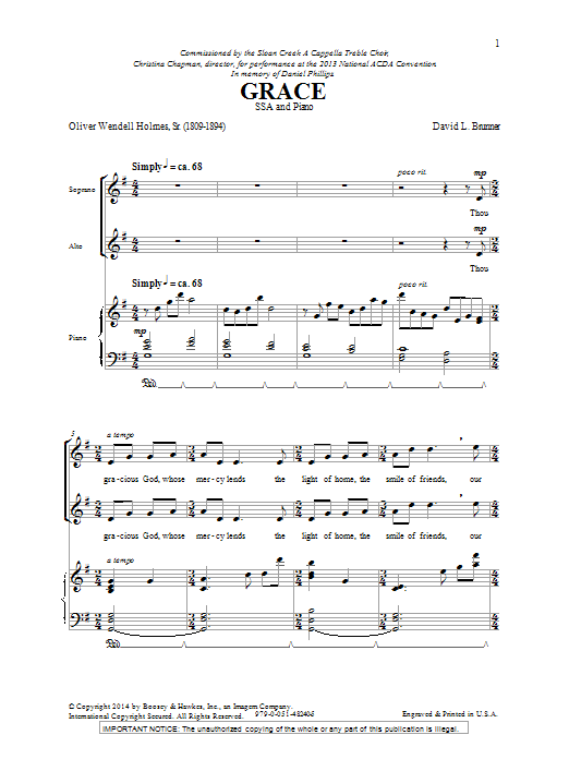 David Brunner Grace sheet music notes and chords arranged for SSA Choir