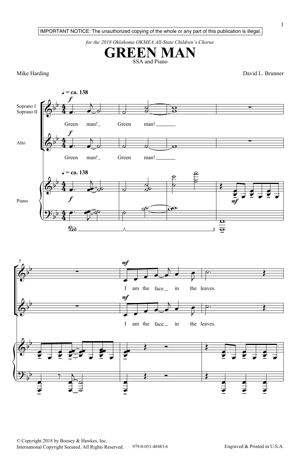 David Brunner Green Man sheet music notes and chords arranged for SSA Choir