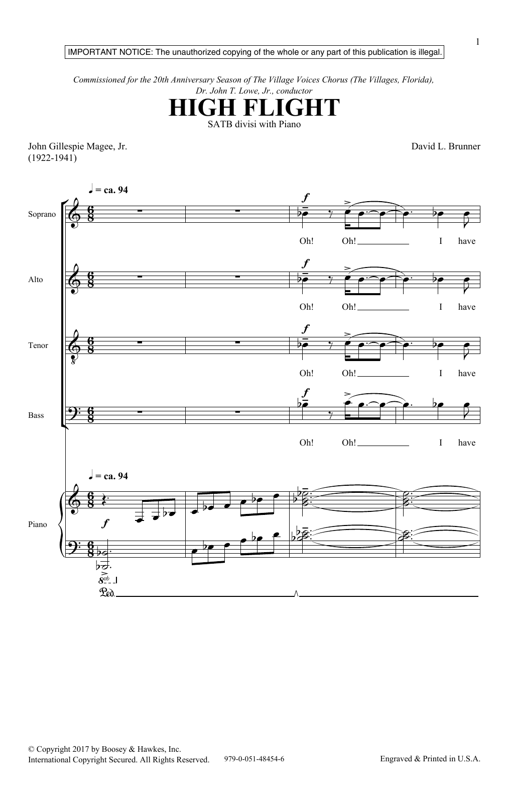 David Brunner High Flight sheet music notes and chords arranged for SATB Choir